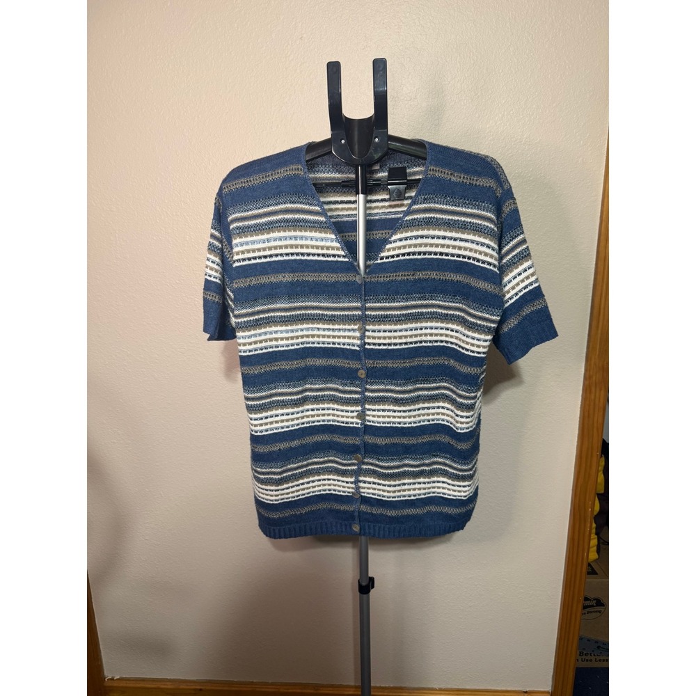 Carolina Colours Plus Womens Blue‎ Striped Short Sleeve Cardigan Sweater 14/16